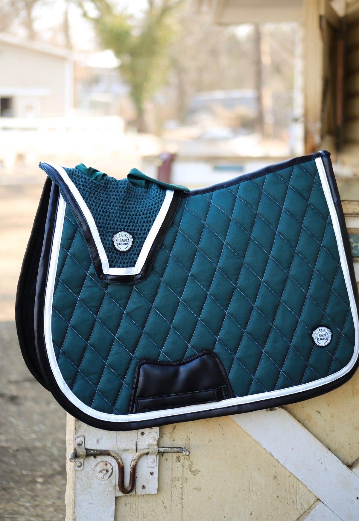 San Eligius green knit horse bonnet with black and white leather piping, side profile on horse