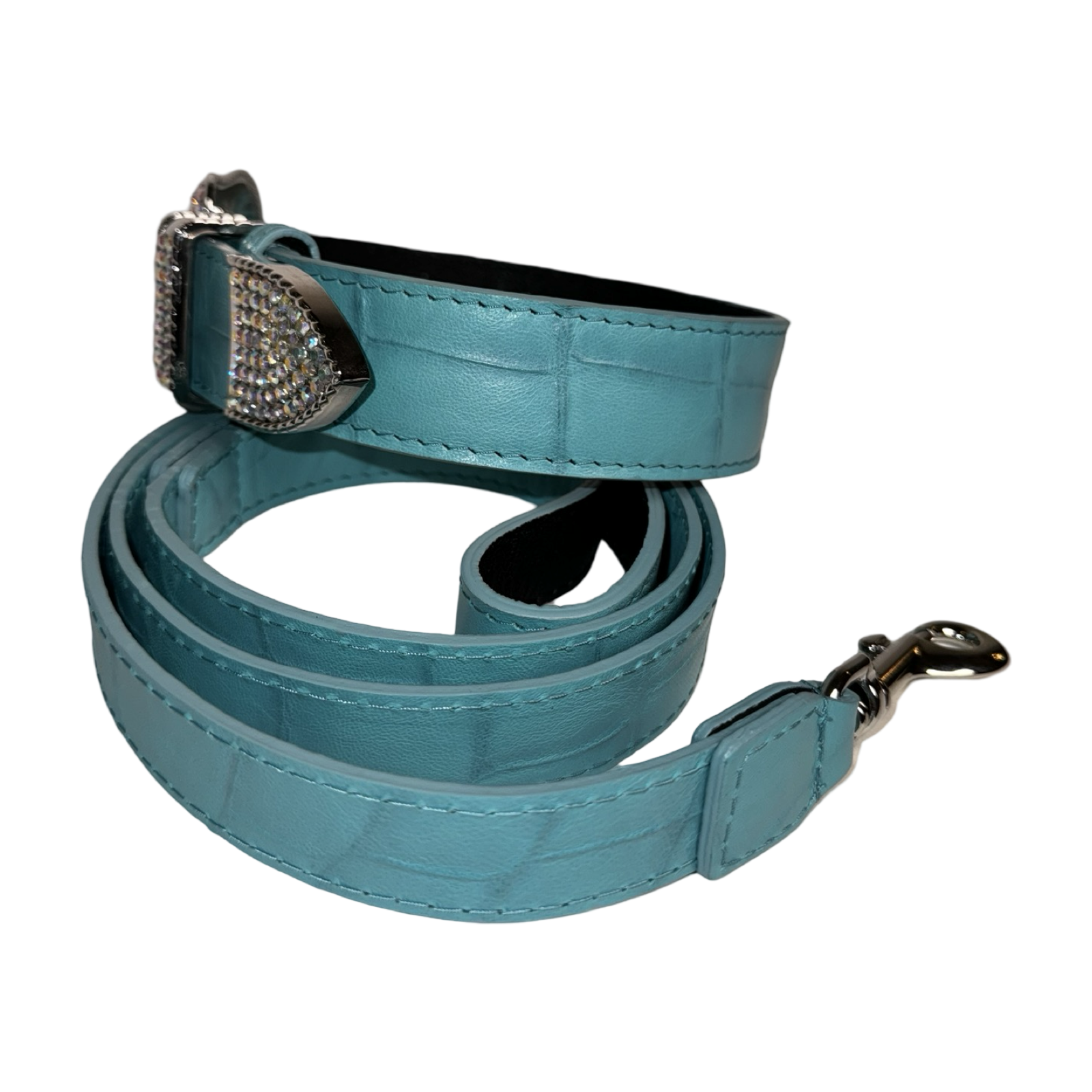 Allysa Payne The Tiffany Collection Turquoise Blue Embossed Croc Italian Leather , With Our Custom Swarovski Crystal Hardware Dog Collar & Leash Set