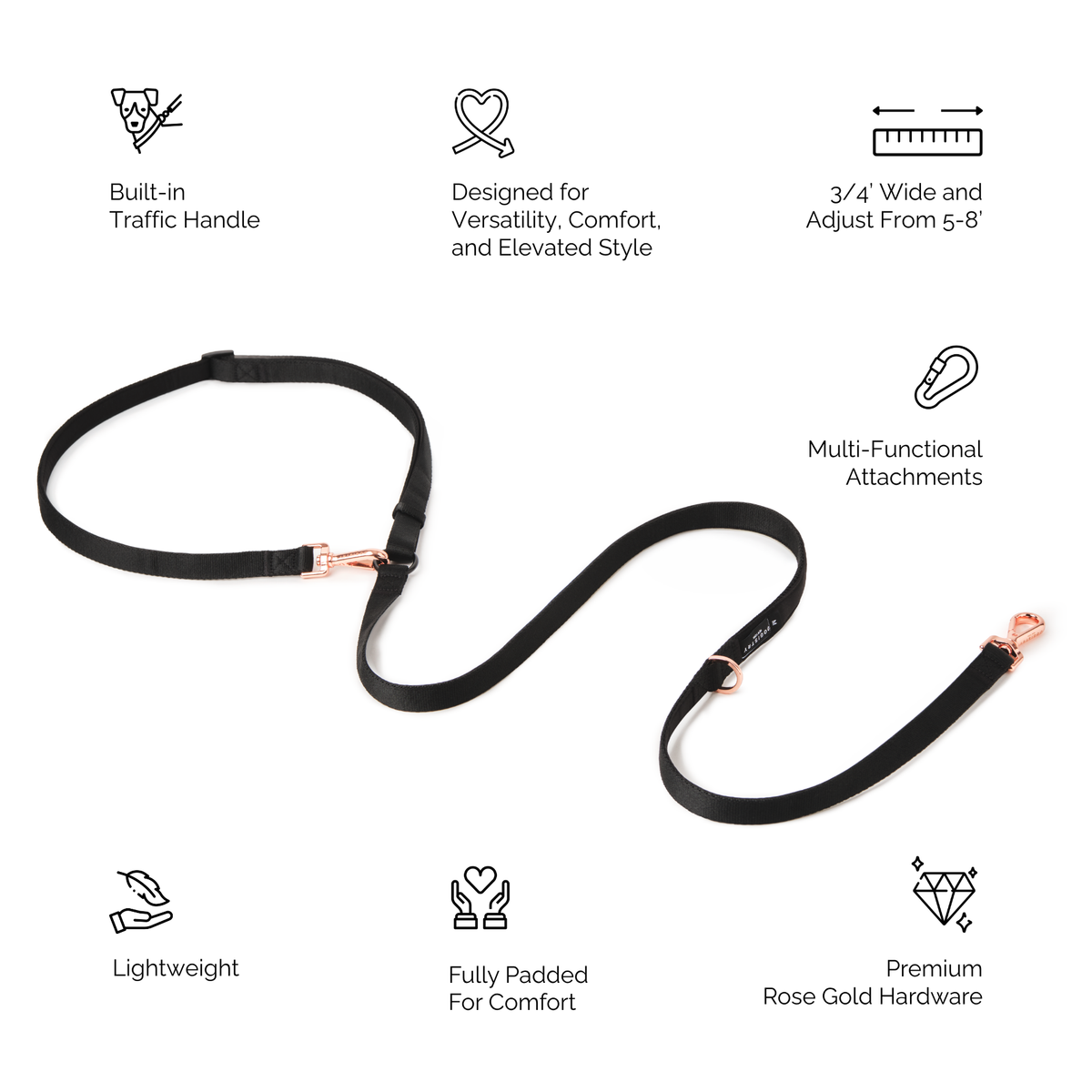 DOGISTRY Metro Hands Free Dog Leash - Black and Matte Rose Gold