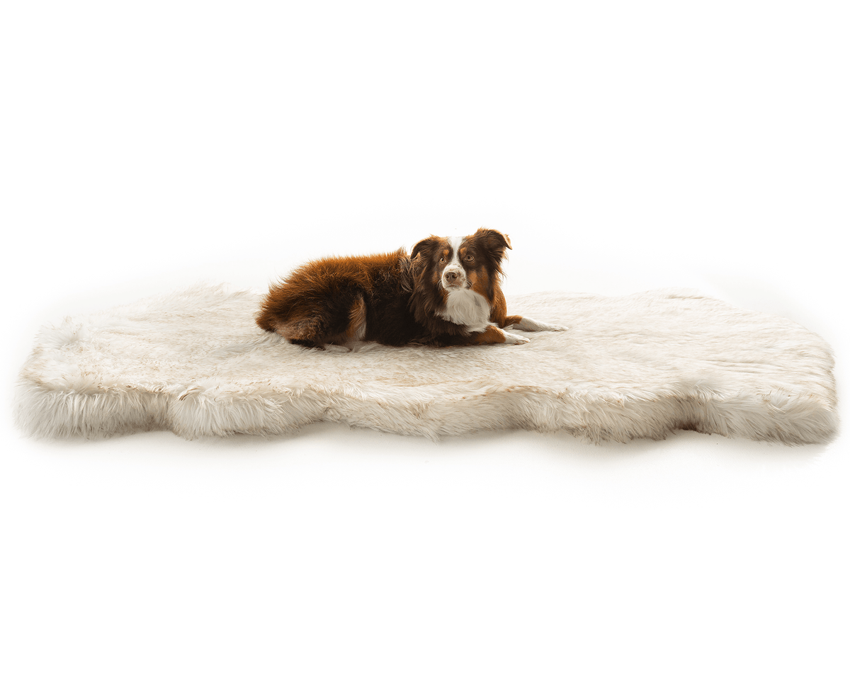 PupRug Runner Faux Fur Memory Foam Dog Bed Curve White with Brown Accents