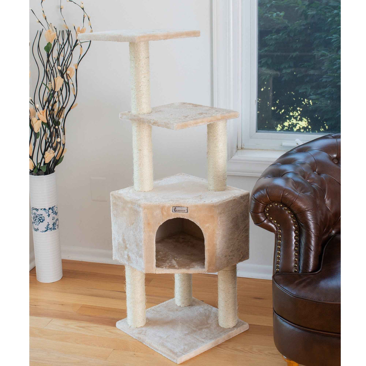 GleePet GP78480321 48-Inch Cat Tree In Beige With Perch And Playhouse