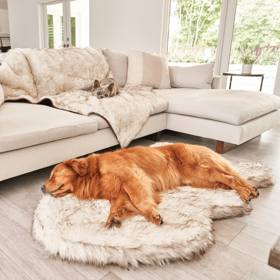 Puprug Faux Fur Orthopedic Dog Bed Curve White with Brown Accents