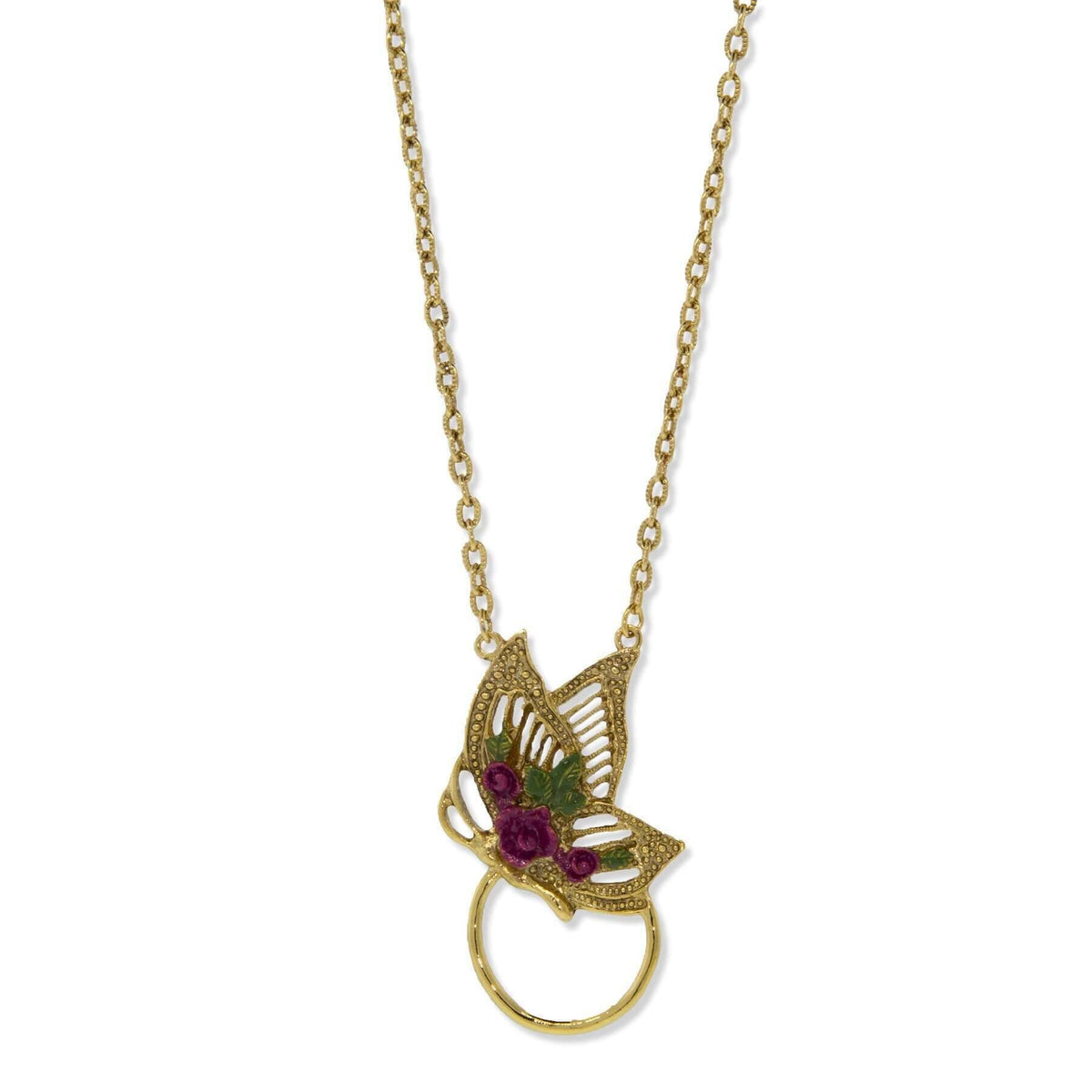 1928 Jewelry Floral Enamel Butterfly Badge and Eyeglass Holder Chain Necklace 28 Inch
