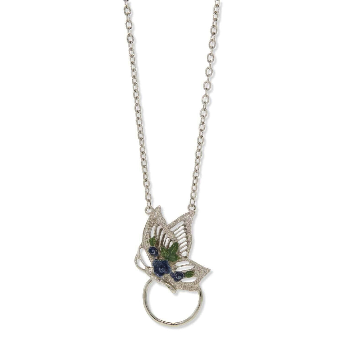 1928 Jewelry Floral Enamel Butterfly Badge and Eyeglass Holder Chain Necklace 28 Inch