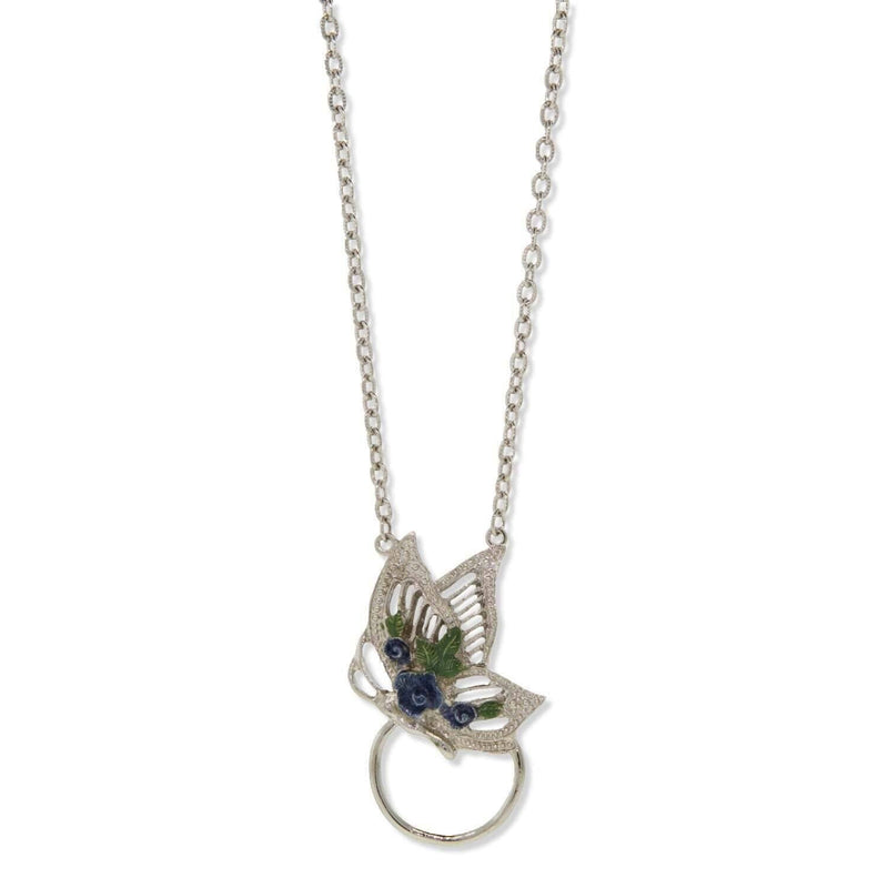 1928 Jewelry Floral Enamel Butterfly Badge and Eyeglass Holder Chain Necklace 28 Inch