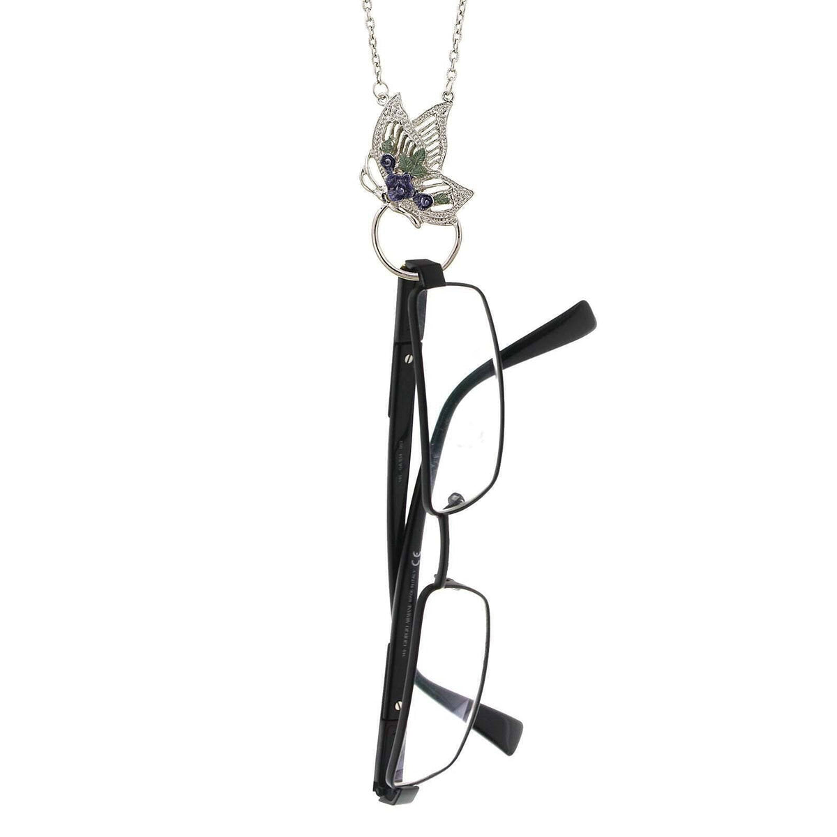 1928 Jewelry Floral Enamel Butterfly Badge and Eyeglass Holder Chain Necklace 28 Inch