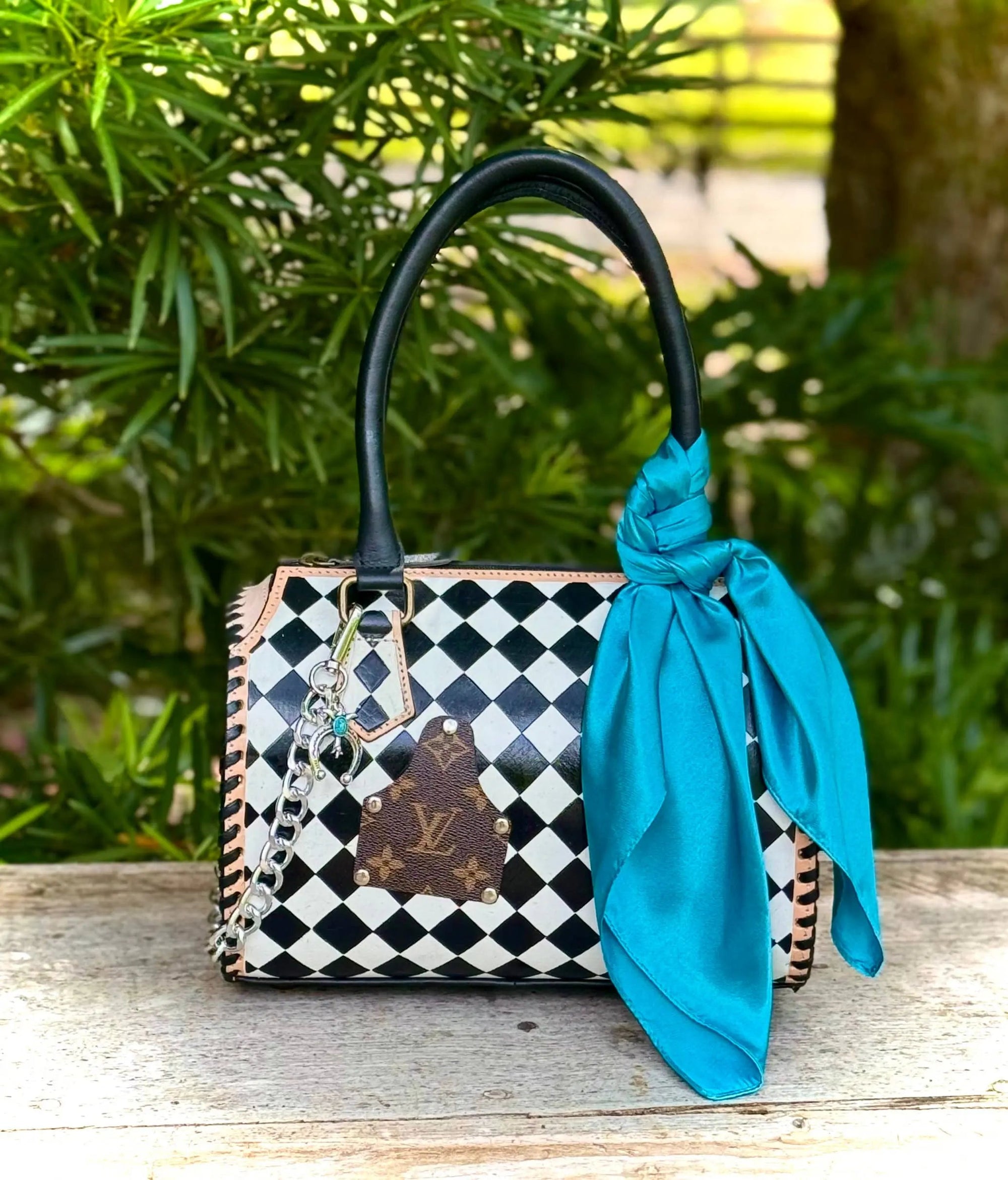 Upcycled LV Black & White Checkered Leather Speedy Bag