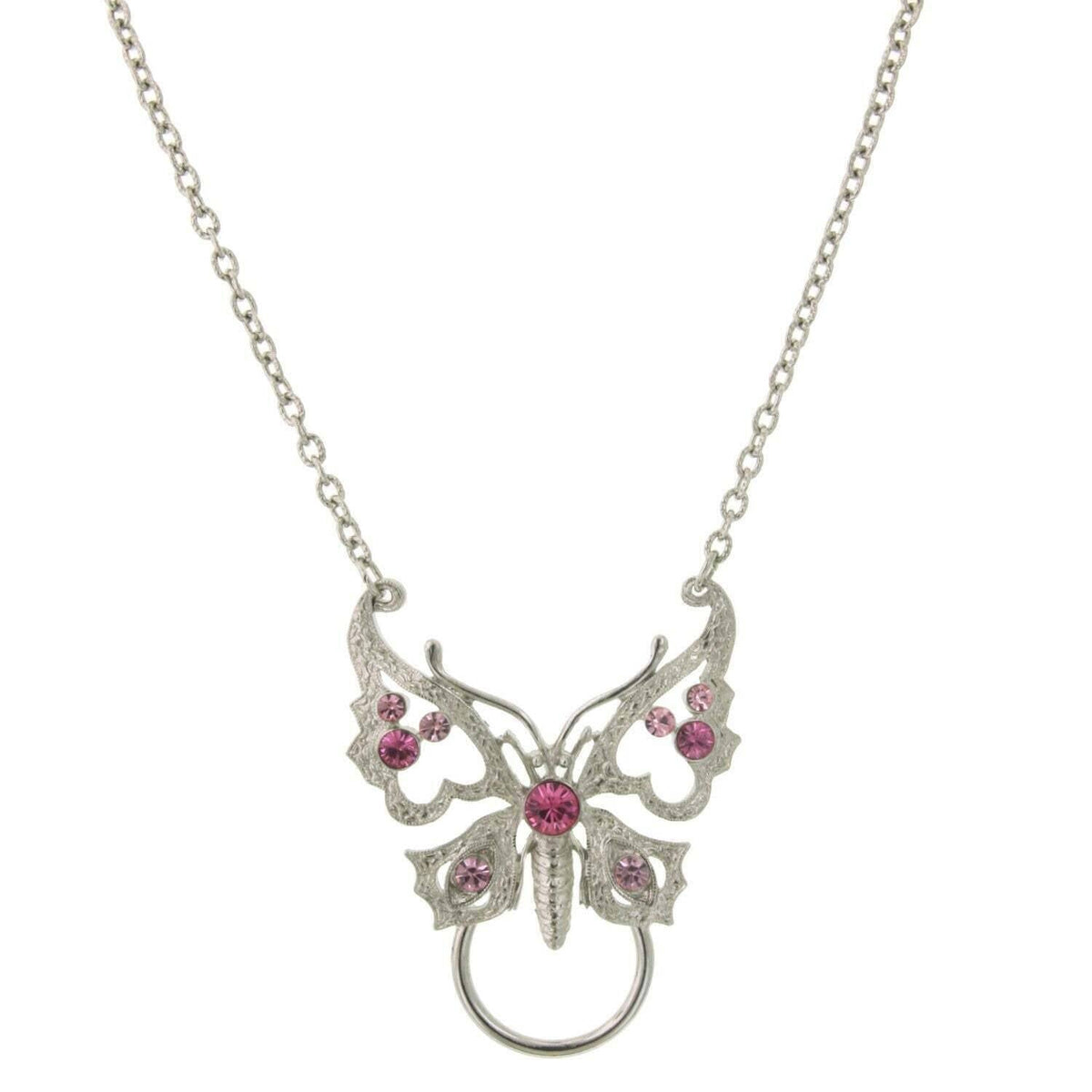 1928 Jewelry Pink Crystal Butterfly Badge and Eyeglass Holder Chain Necklace 28 Inch