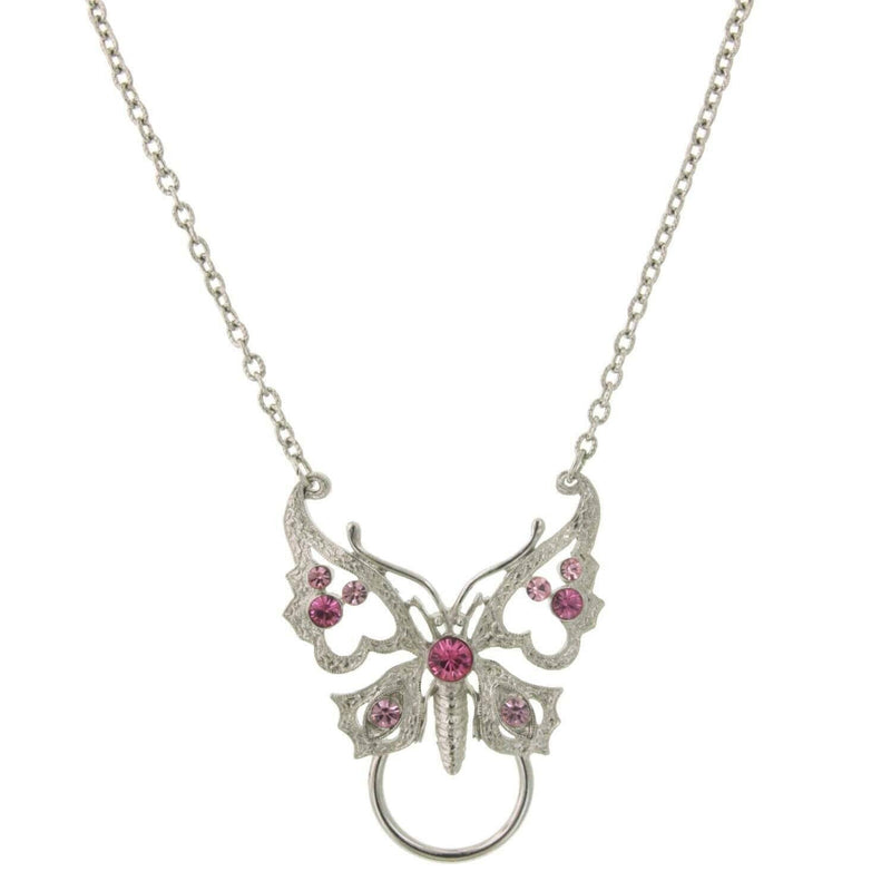 1928 Jewelry Pink Crystal Butterfly Badge and Eyeglass Holder Chain Necklace 28 Inch