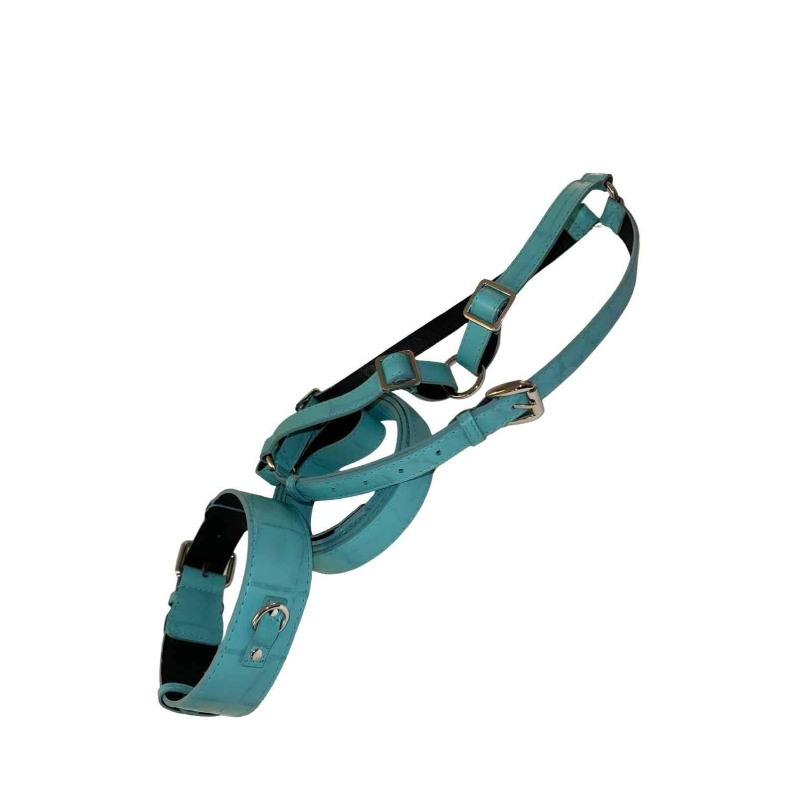Allysa Payne The Tiffany Collection Turquoise Blue Embossed Croc Italian Leather , With Our Classic Hardware Dog Collar, Leash & Harness Set