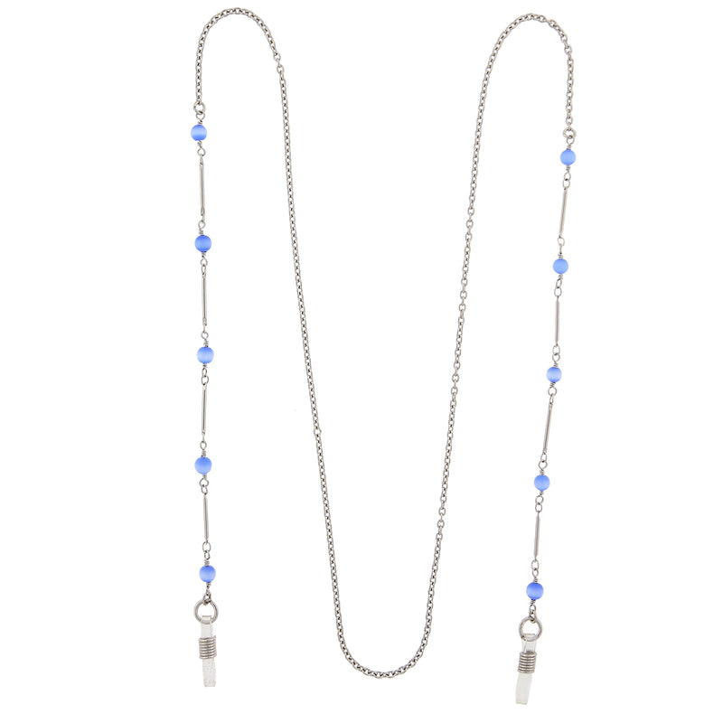1928 Jewelry Blue Faux Cats Eye Bead Eyeglass Holder Chain Necklace 32 Inch