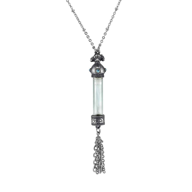 1928 Jewelry Antiqued Dog Light Blue Crystal Glass Vial Tassel Necklace 30 Inch