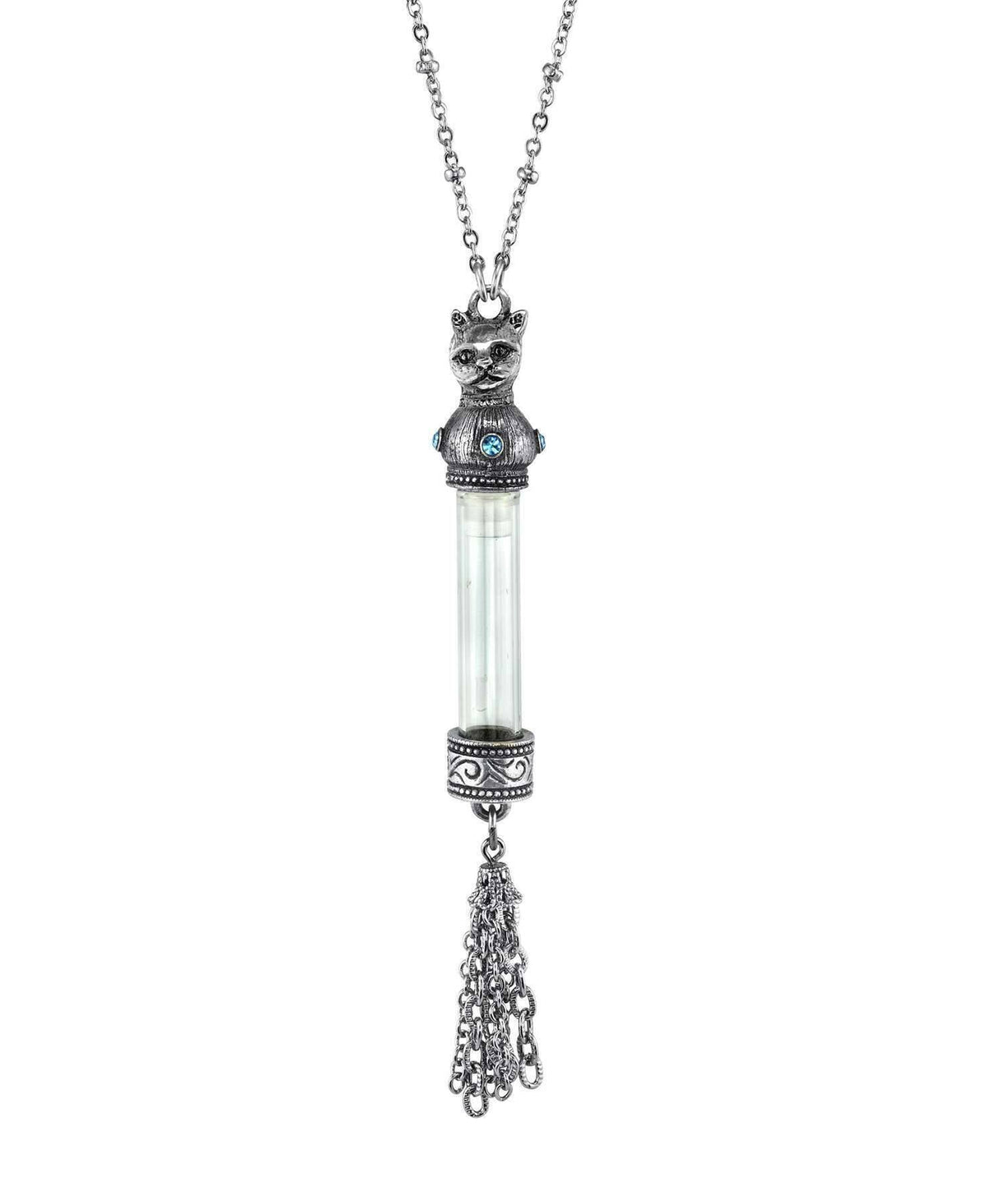 1928 Jewelry Antiqued Cat Light Blue Crystal Vial Glass Tassel Necklace 30 Inch