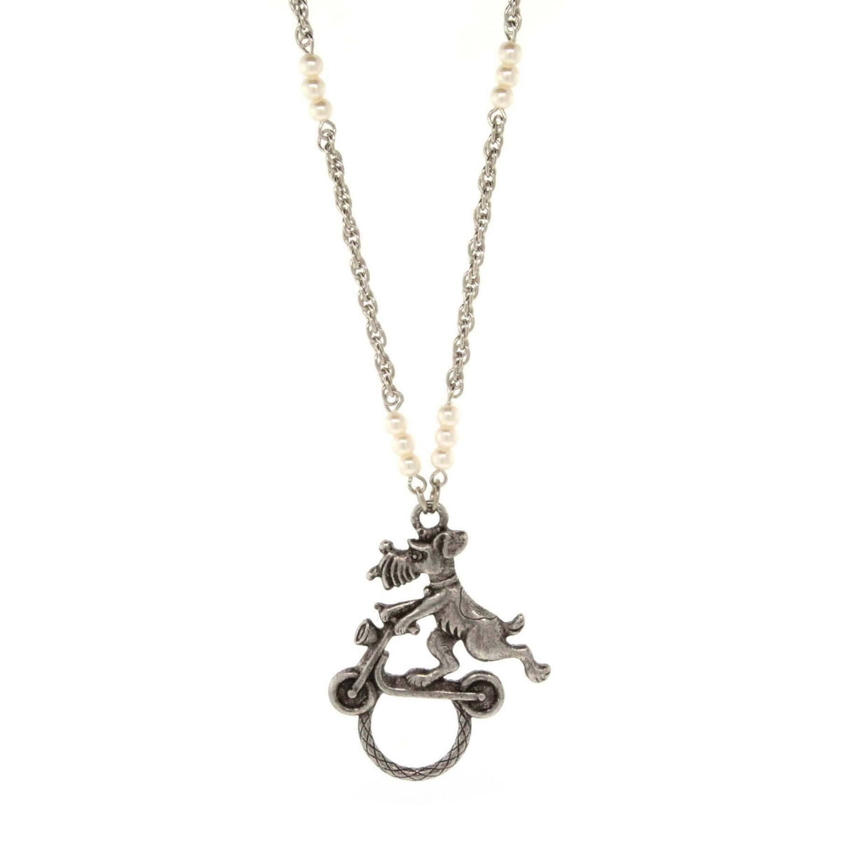 1928 Jewelry Dog On Scooter With Faux Pearl Badge and Eyeglass Holder Chain Necklace 30 Inch