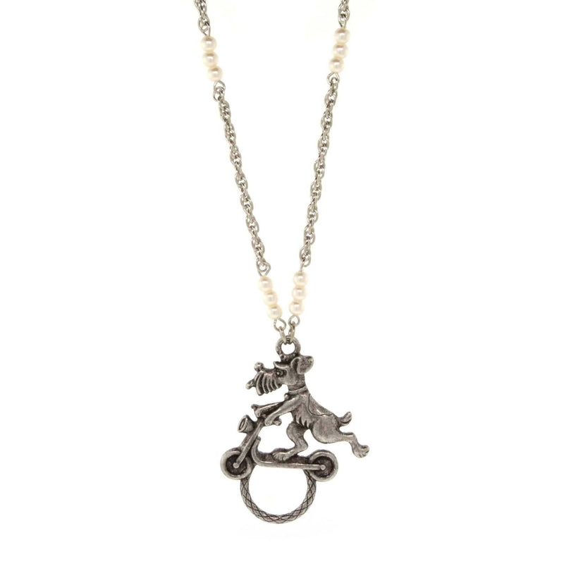 1928 Jewelry Dog On Scooter With Faux Pearl Badge and Eyeglass Holder Chain Necklace 30 Inch