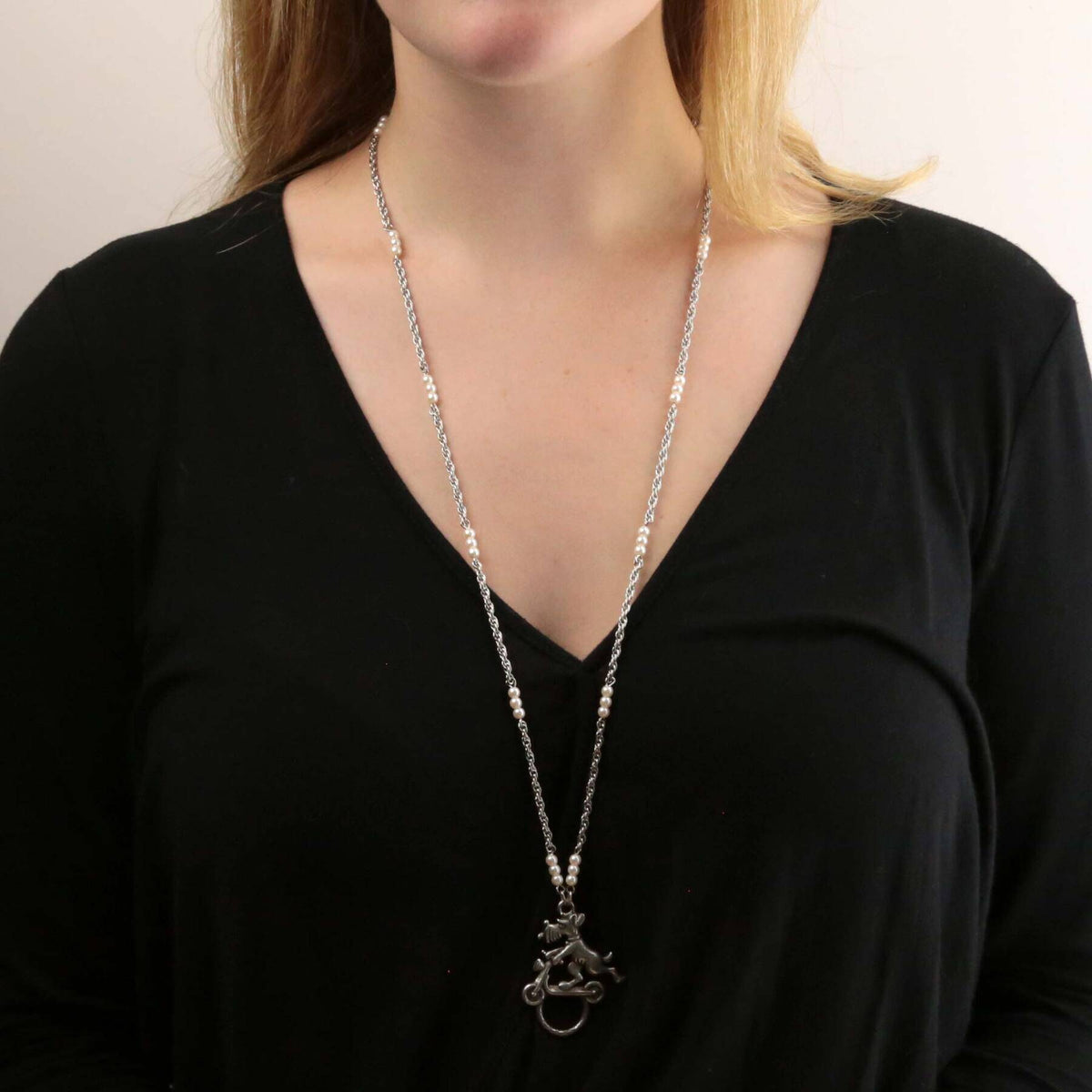 1928 Jewelry Dog On Scooter With Faux Pearl Badge and Eyeglass Holder Chain Necklace 30 Inch