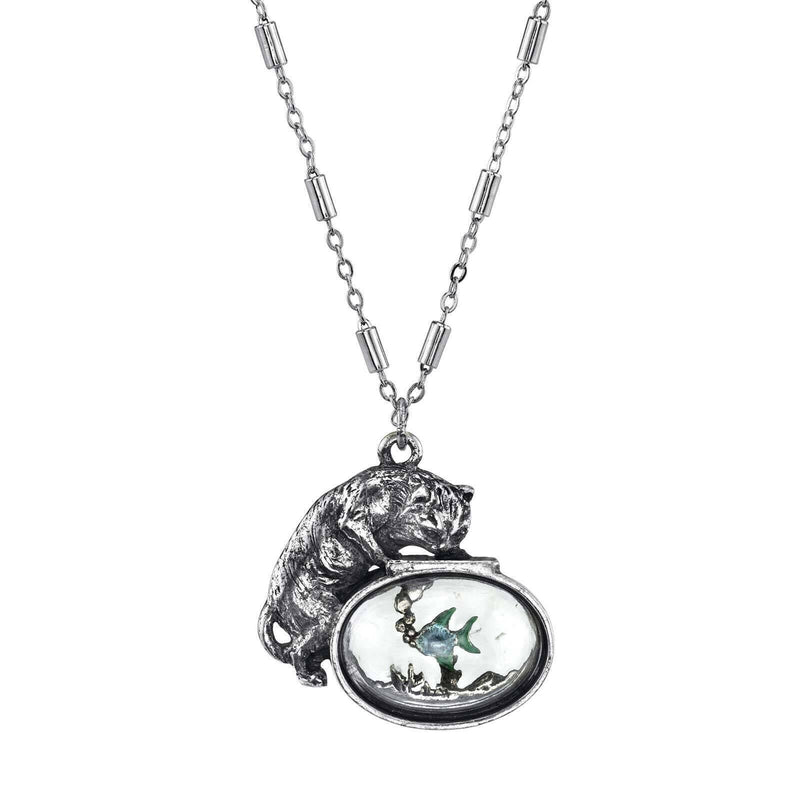 1928 Jewelry Whimsical Cat and Blue and Green Fish Pendant Necklace 30 Inch