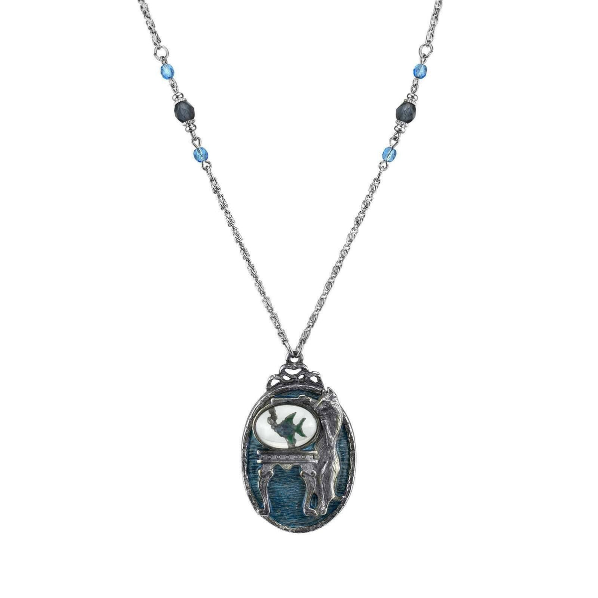 1928 Jewelry Pesky Cat and Fish Blue Enamel Pendant Necklace 30 Inch
