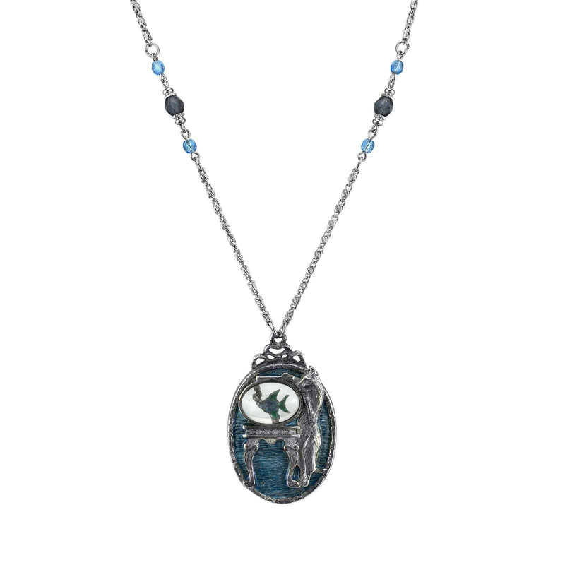 1928 Jewelry Pesky Cat and Fish Blue Enamel Pendant Necklace 30 Inch