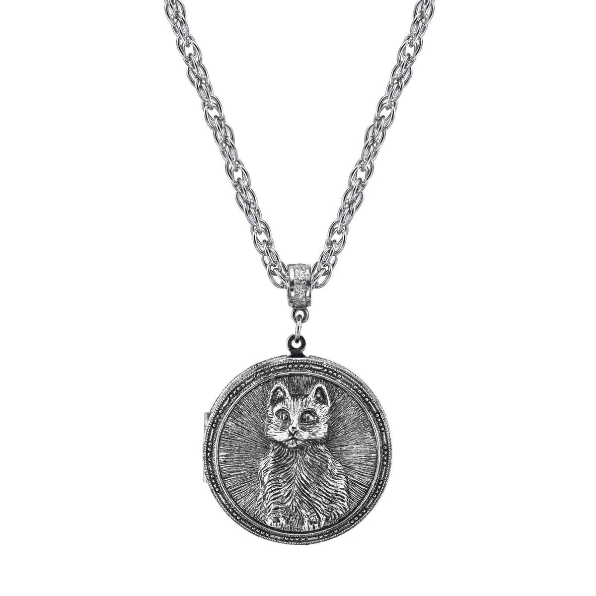 1928 Jewelry Pewter Cat Locket Necklace 30 Inch