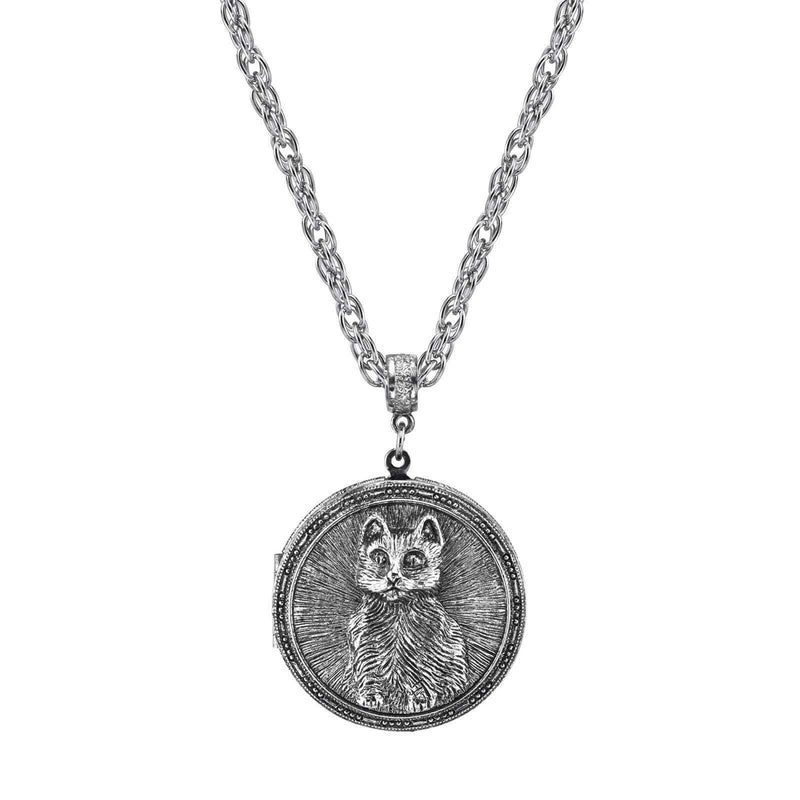 1928 Jewelry Pewter Cat Locket Necklace 30 Inch