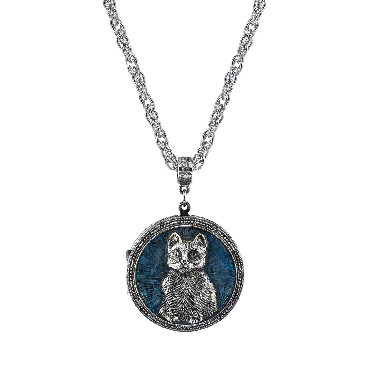 1928 Jewelry Blue Enamel Cat Locket Necklace 30 Inch