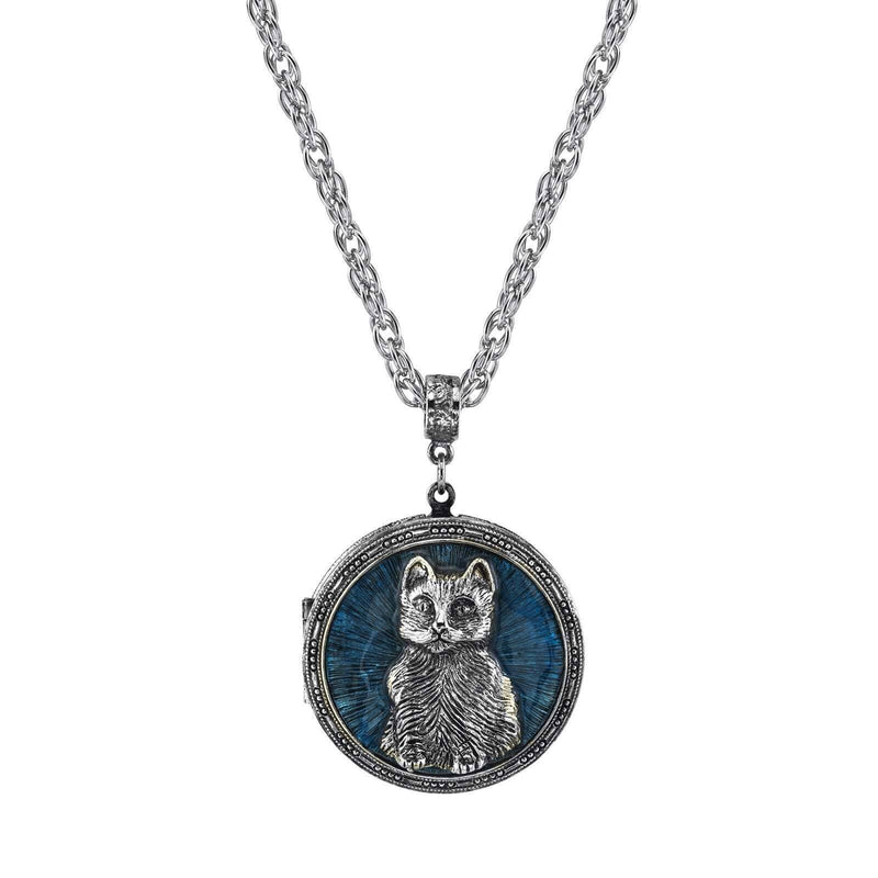 1928 Jewelry Blue Enamel Cat Locket Necklace 30 Inch