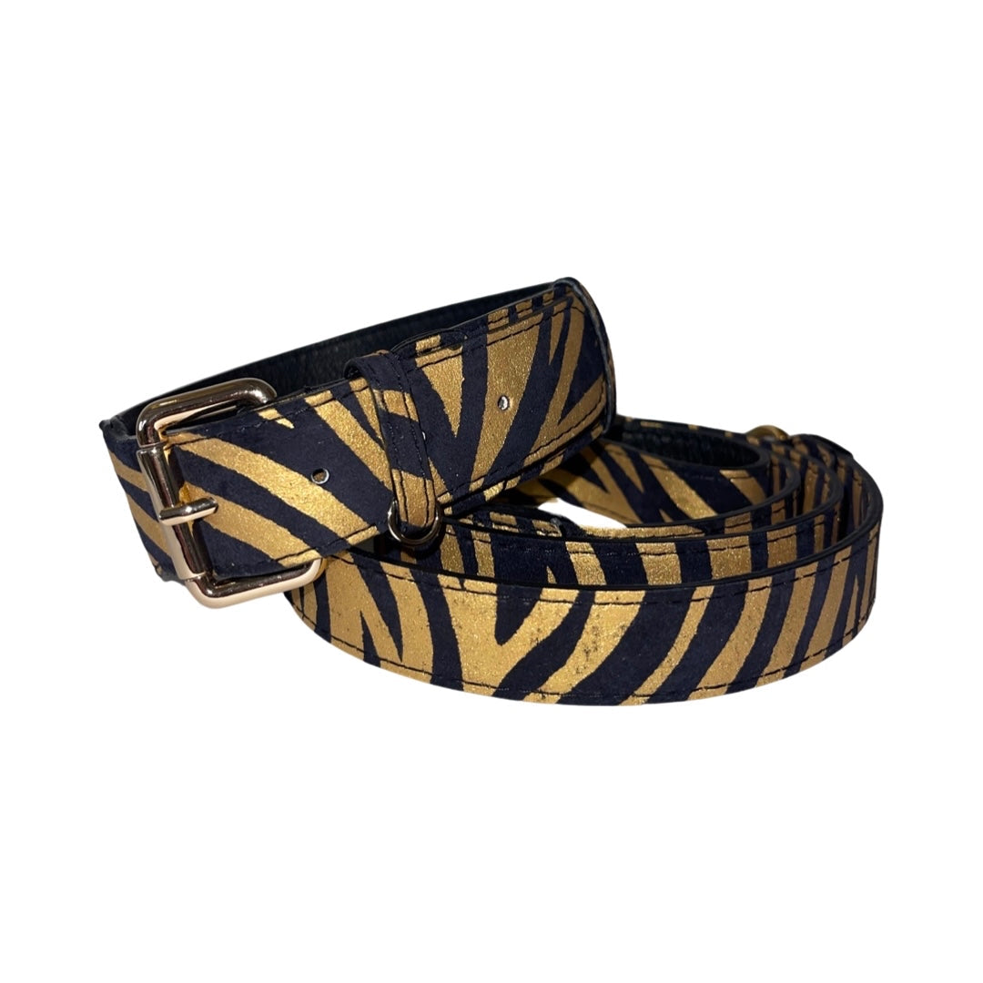 Allysa Payne Black & Gold Zebra Print Italian Leather Classic Dog Collar & Leash Set