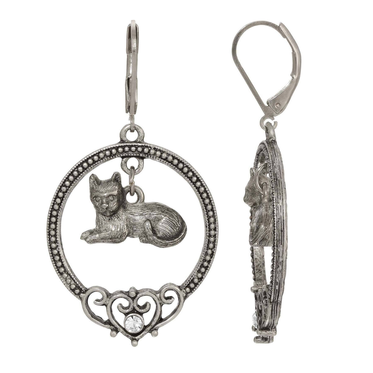 1928 Jewelry Filigree Heart and Crystal Cat Round Drop Earrings
