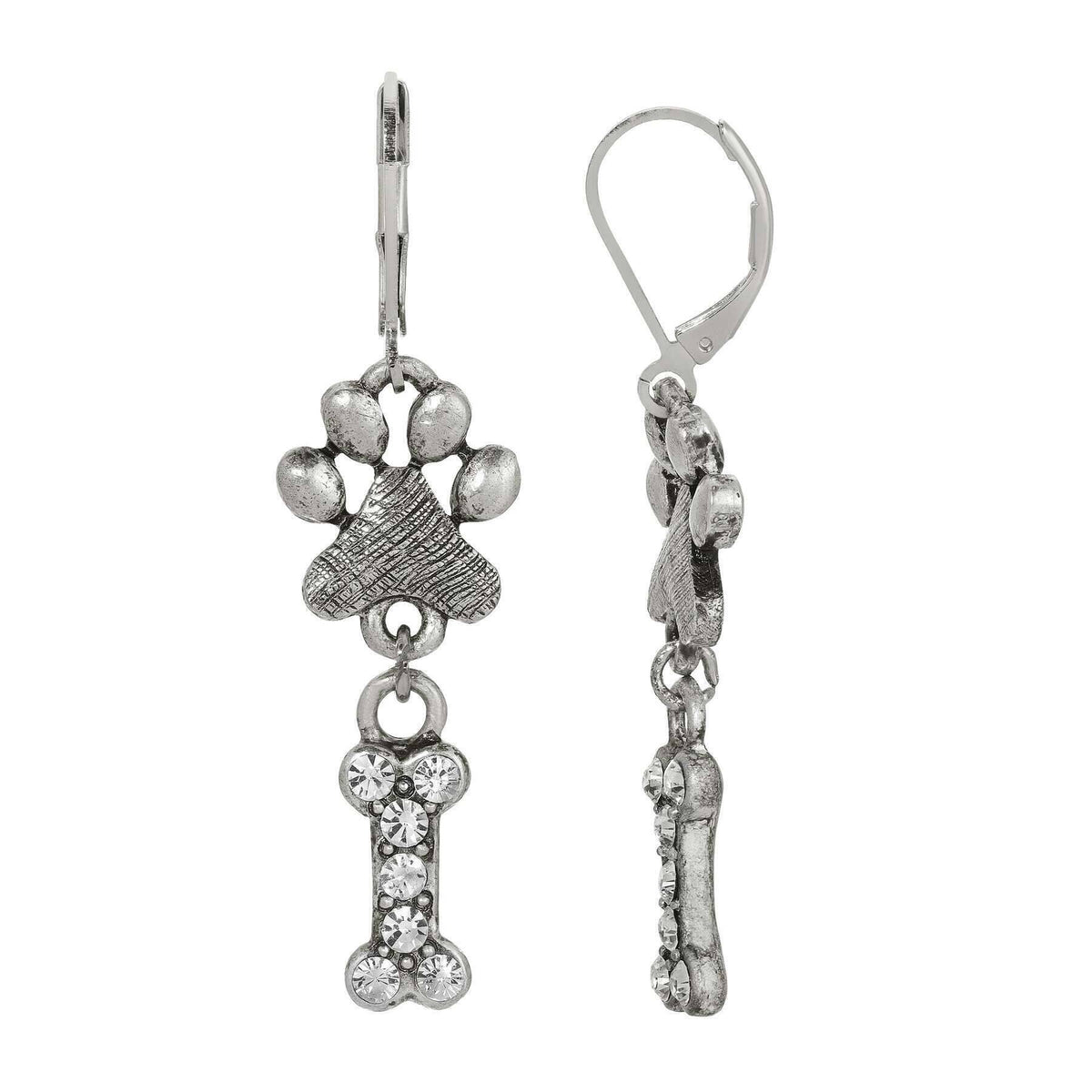 1928 Jewelry Paw and Clear Crystal Bone Dangling Earrings