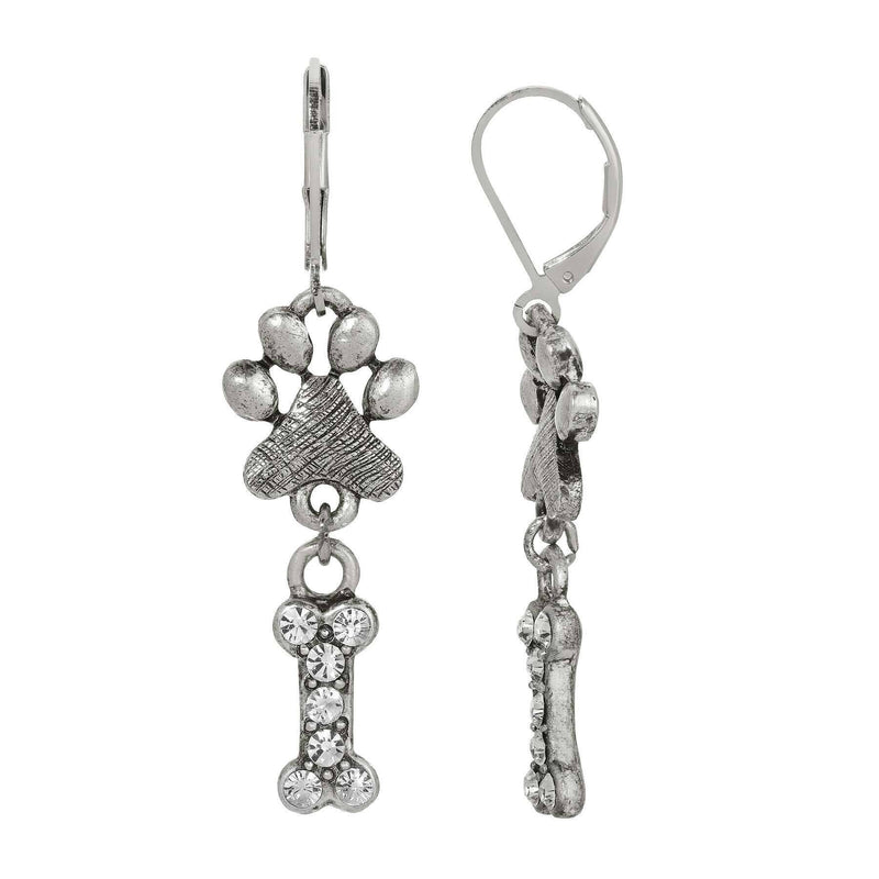 1928 Jewelry Paw and Clear Crystal Bone Dangling Earrings