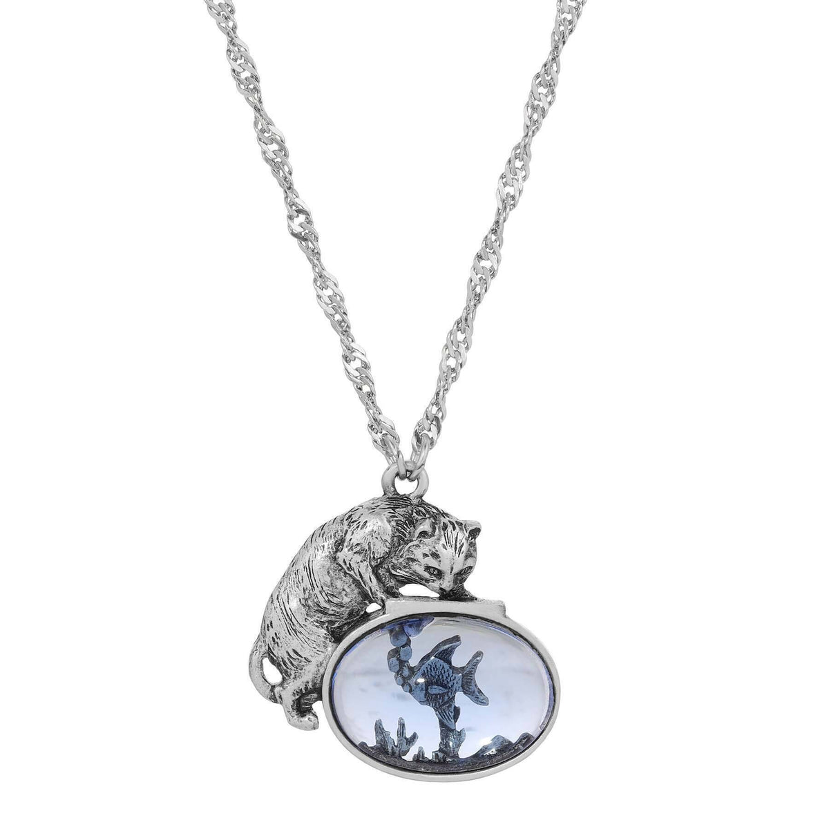 1928 Jewelry Whimsical Cat and Blue Fish Pendant Necklace 18 Inch