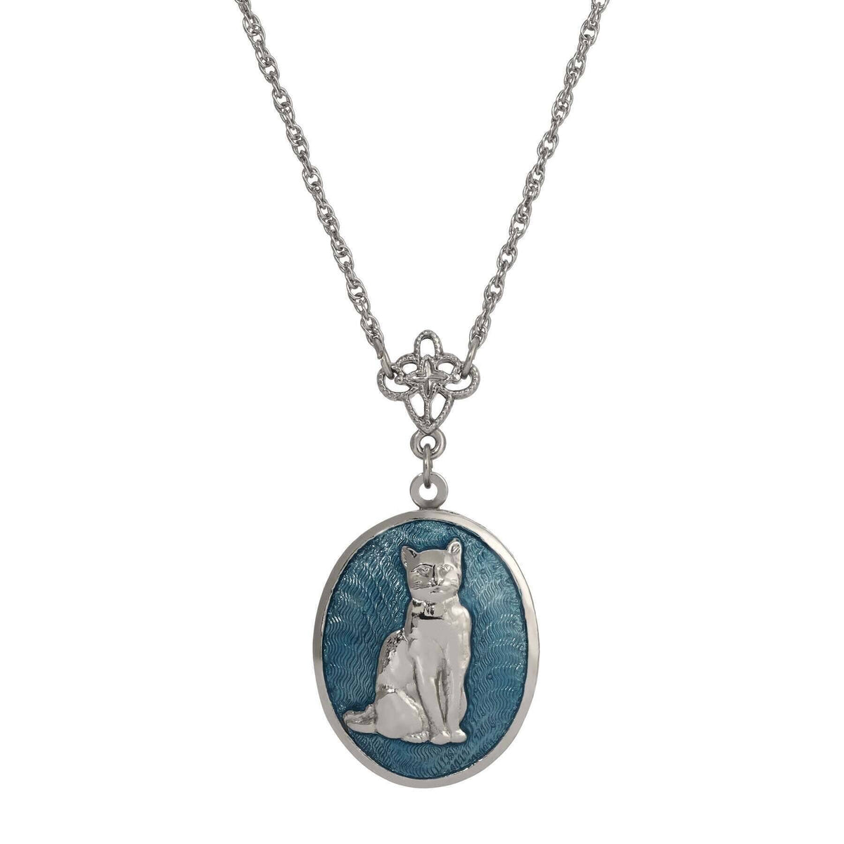 1928 Jewelry Sitting Cat Oval Enamel Locket Necklace 24 Inch