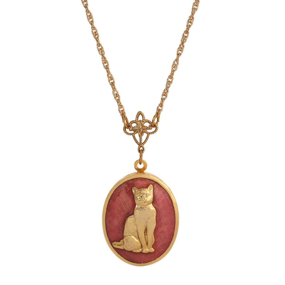 1928 Jewelry Sitting Cat Oval Enamel Locket Necklace 24 Inch