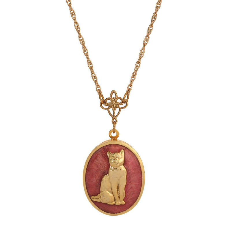 1928 Jewelry Sitting Cat Oval Enamel Locket Necklace 24 Inch