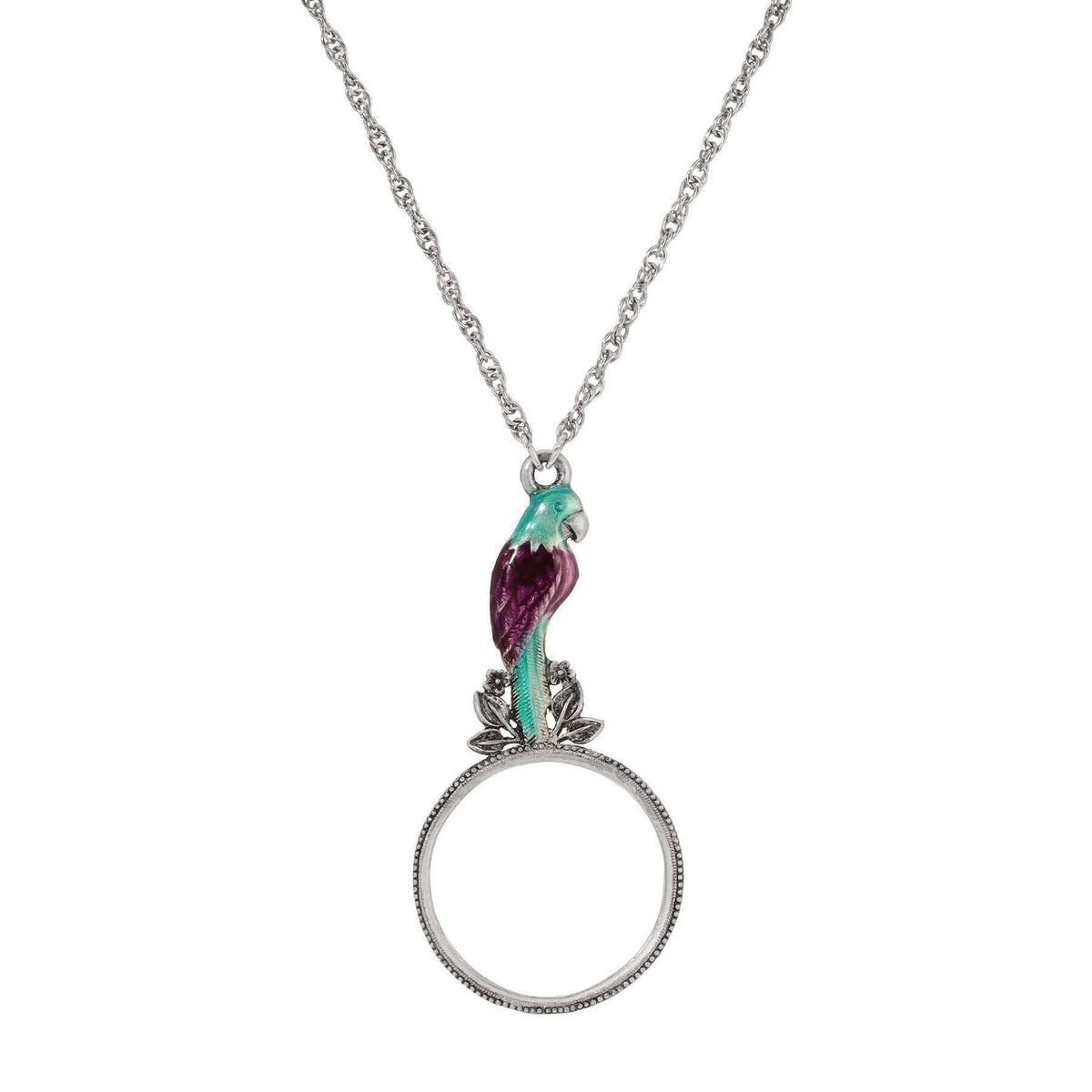 1928 Jewelry Neotropic Exotic Parrot Amethyst and Blue Zircon Magnifying Glass Pendant Necklace 30 Inch - Magnification Power: 1-2X
