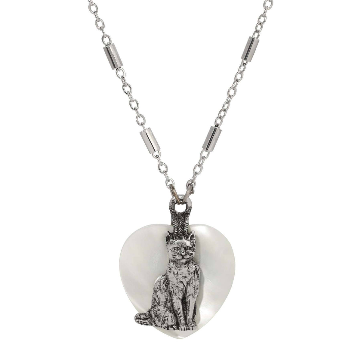 1928 Jewelry Whimsical Cat Mother Of Pearl Heart Pendant Necklace 18 Inch