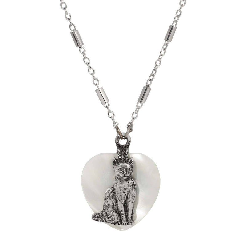 1928 Jewelry Whimsical Cat Mother Of Pearl Heart Pendant Necklace 18 Inch