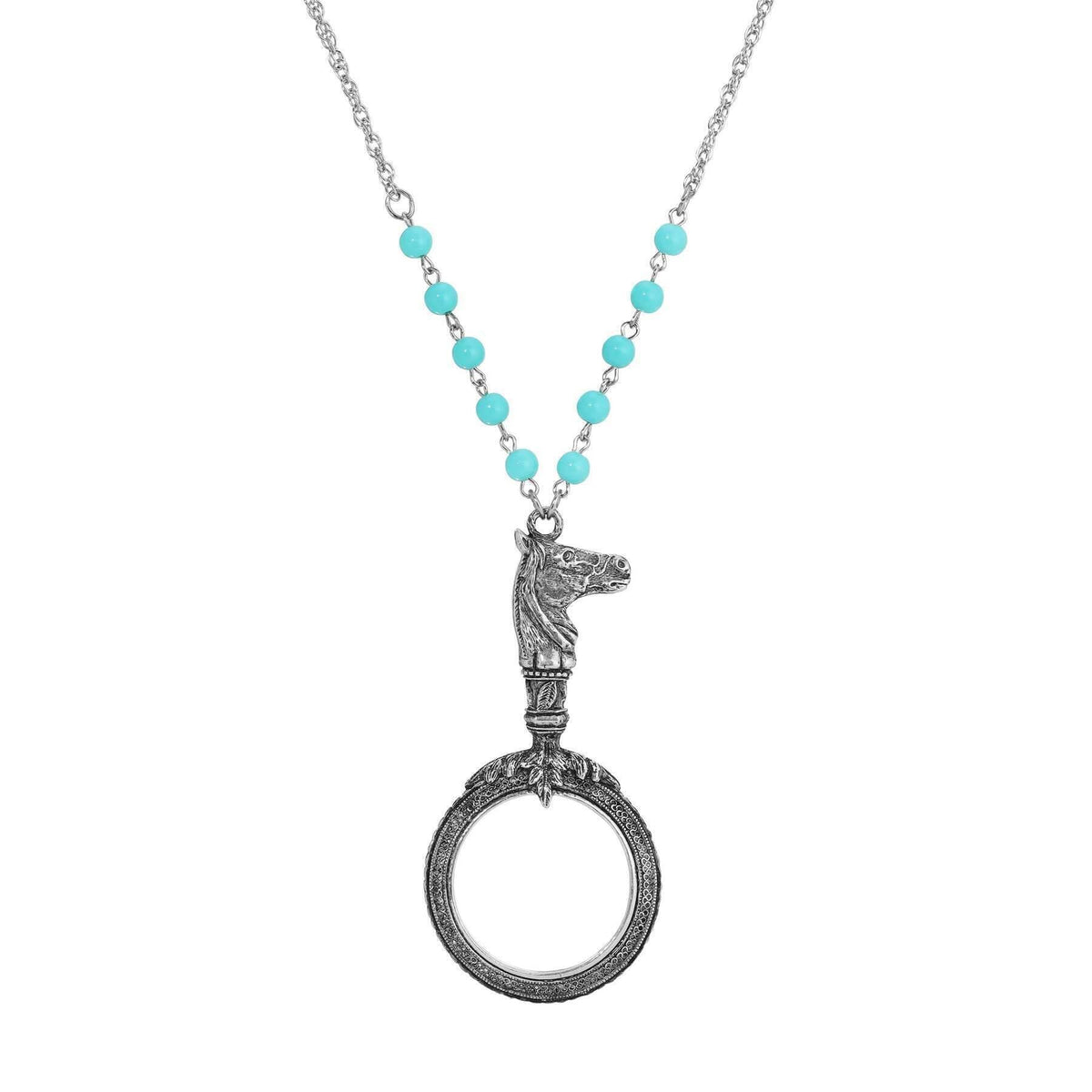 1928 Jewelry Turquoise Bead Equine Magnifying Glass Pendant Necklace 28 InchL - Magnification Power: 1-2X