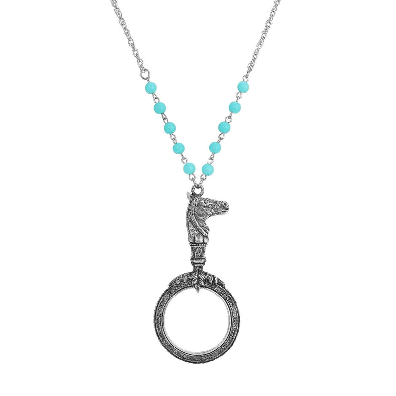 1928 Jewelry Turquoise Bead Equine Magnifying Glass Pendant Necklace 28 InchL - Magnification Power: 1-2X