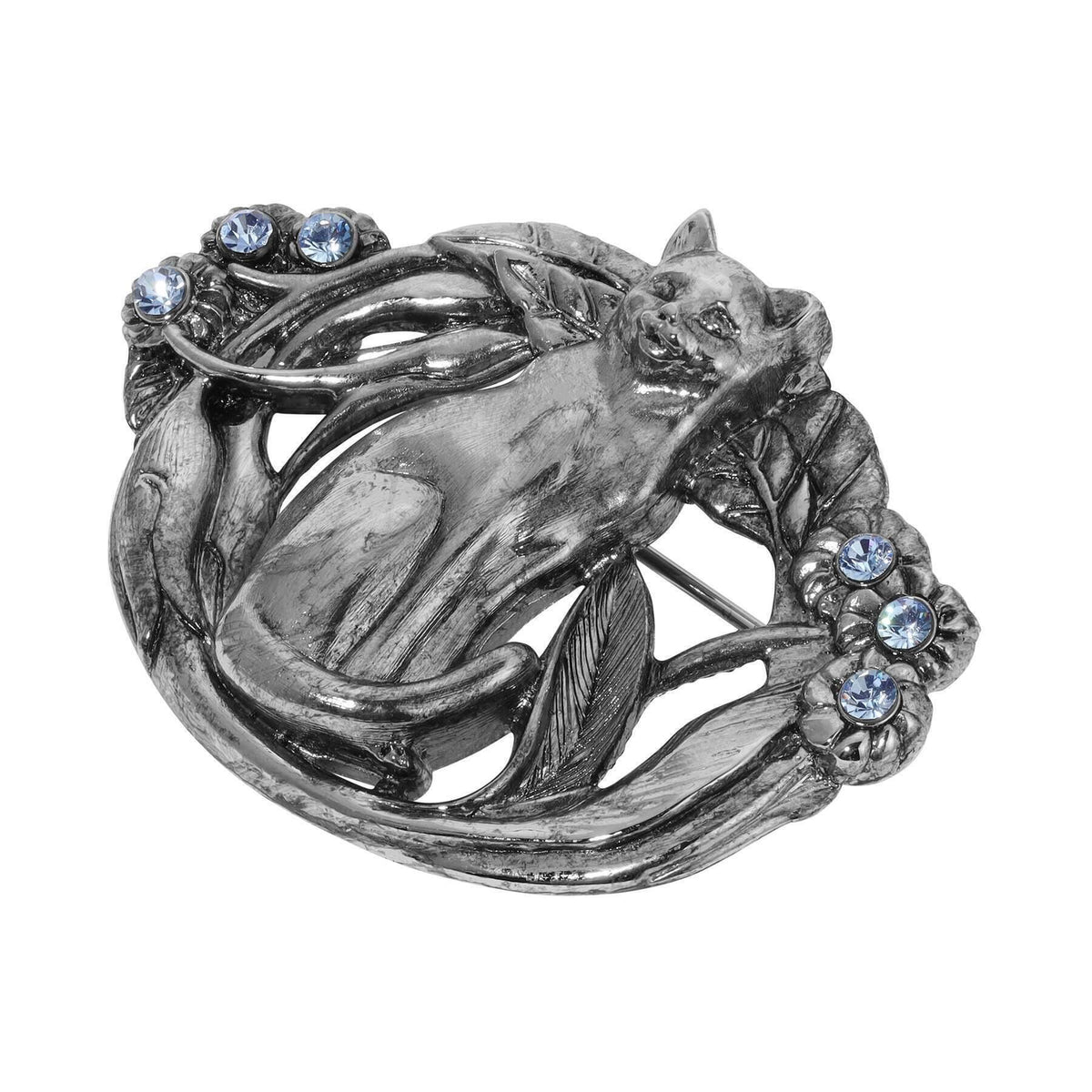 1928 Jewelry Whimsical Cat and Floral Vine Light Sapphire Blue Crystal Pin