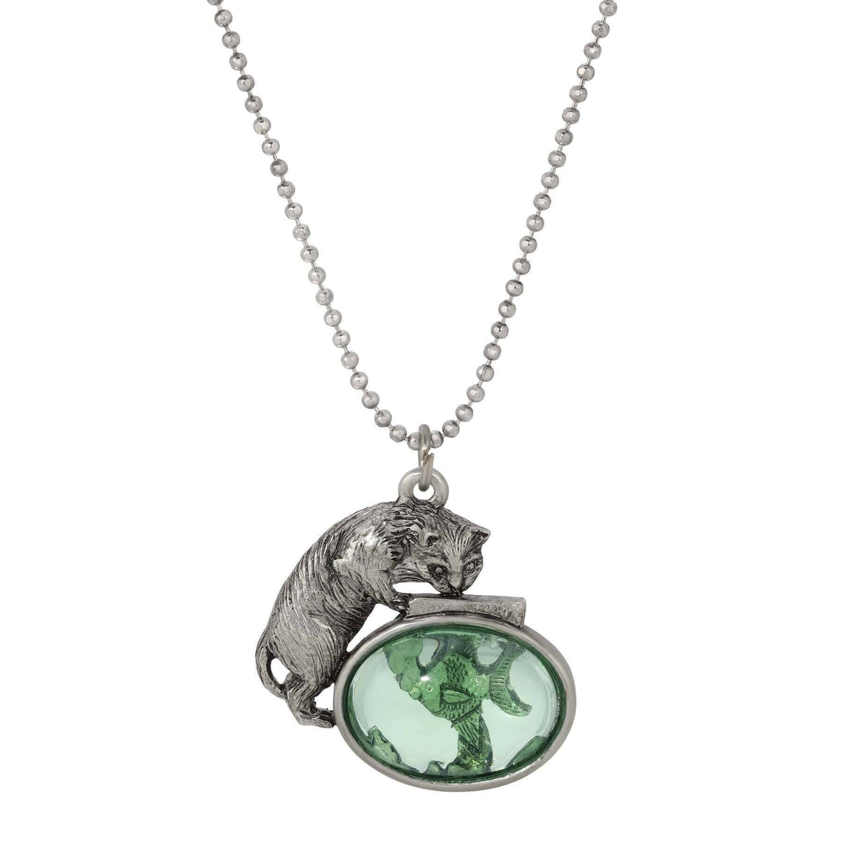 1928 Jewelry Whimsical Cat and Green Fish Pendant Ball Chain Necklace 18 Inch