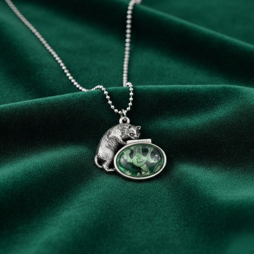 1928 Jewelry Whimsical Cat and Green Fish Pendant Ball Chain Necklace 18 Inch