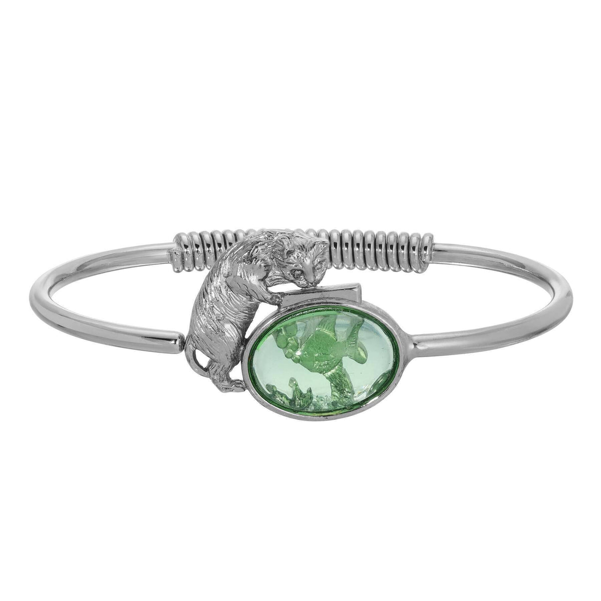 1928 Jewelry Whimsical Cat and Fish Bowl Spring Hinge Bracelet