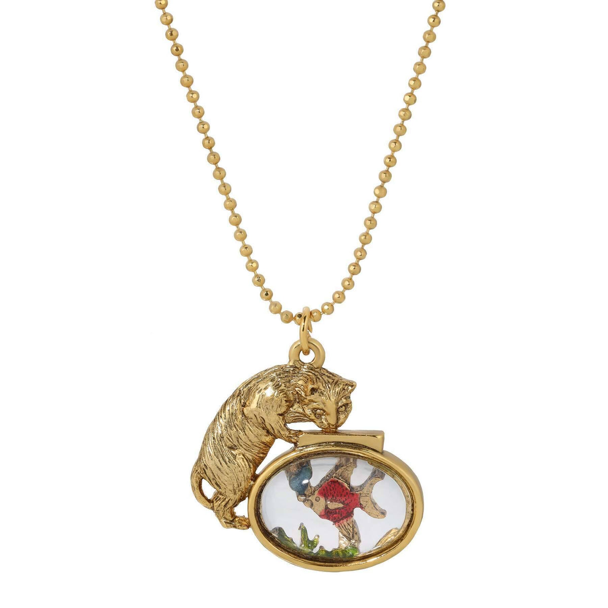 1928 Jewelry Whimsical Cat and Fish Pendant Necklace 18 Inch