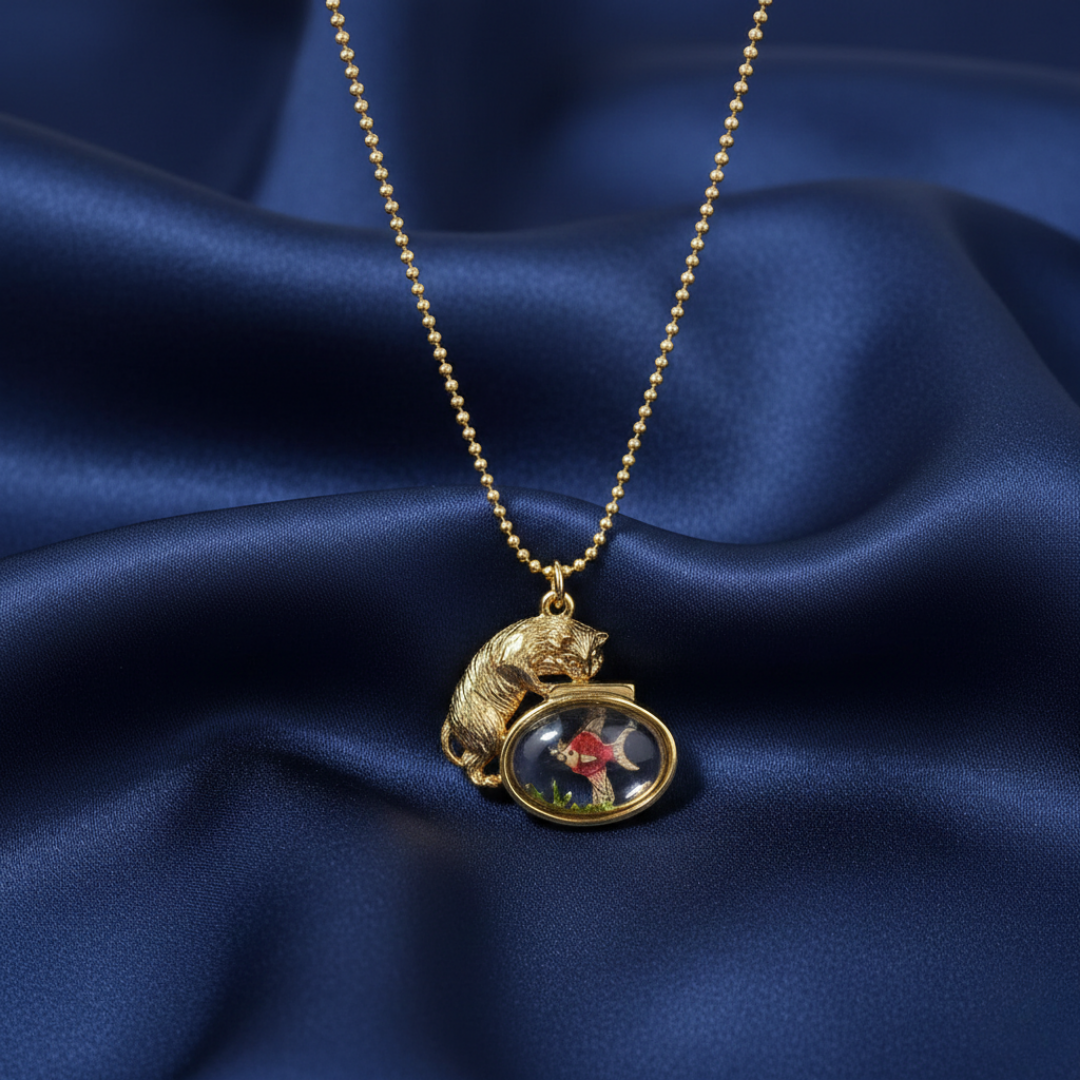 1928 Jewelry Whimsical Cat and Fish Pendant Necklace 18 Inch
