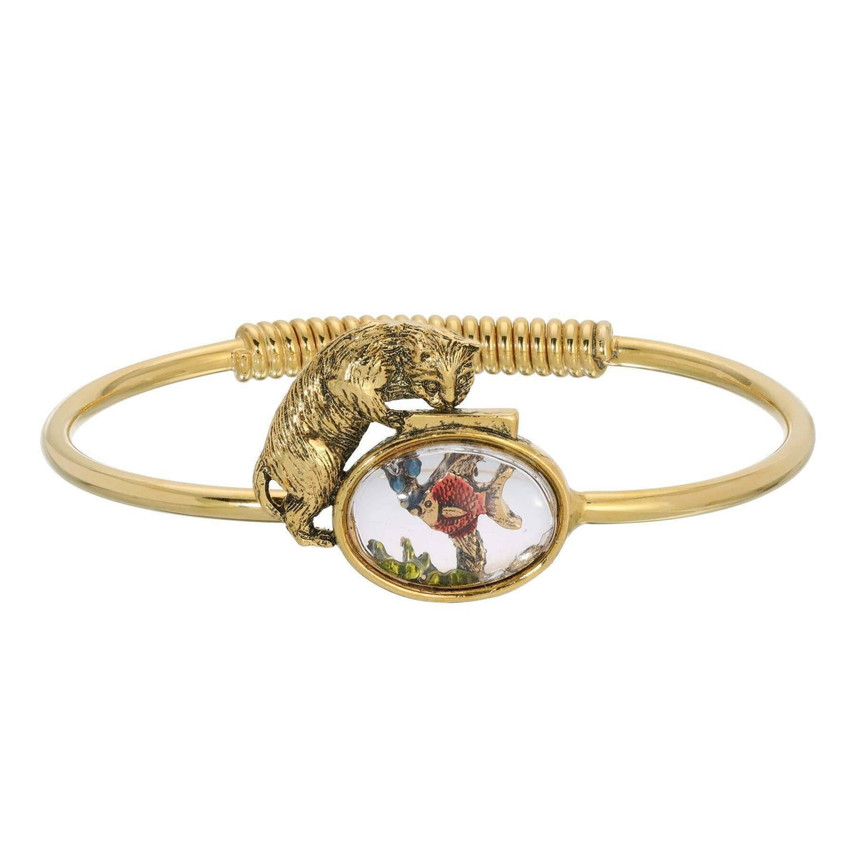 1928 Jewelry Whimsical Cat and Fish Bowl Spring Hinge Bracelet