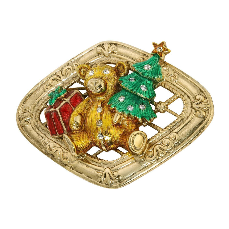 1928 Jewelry Teddy Bear With Christmas Tree and Gift Brooch Pin