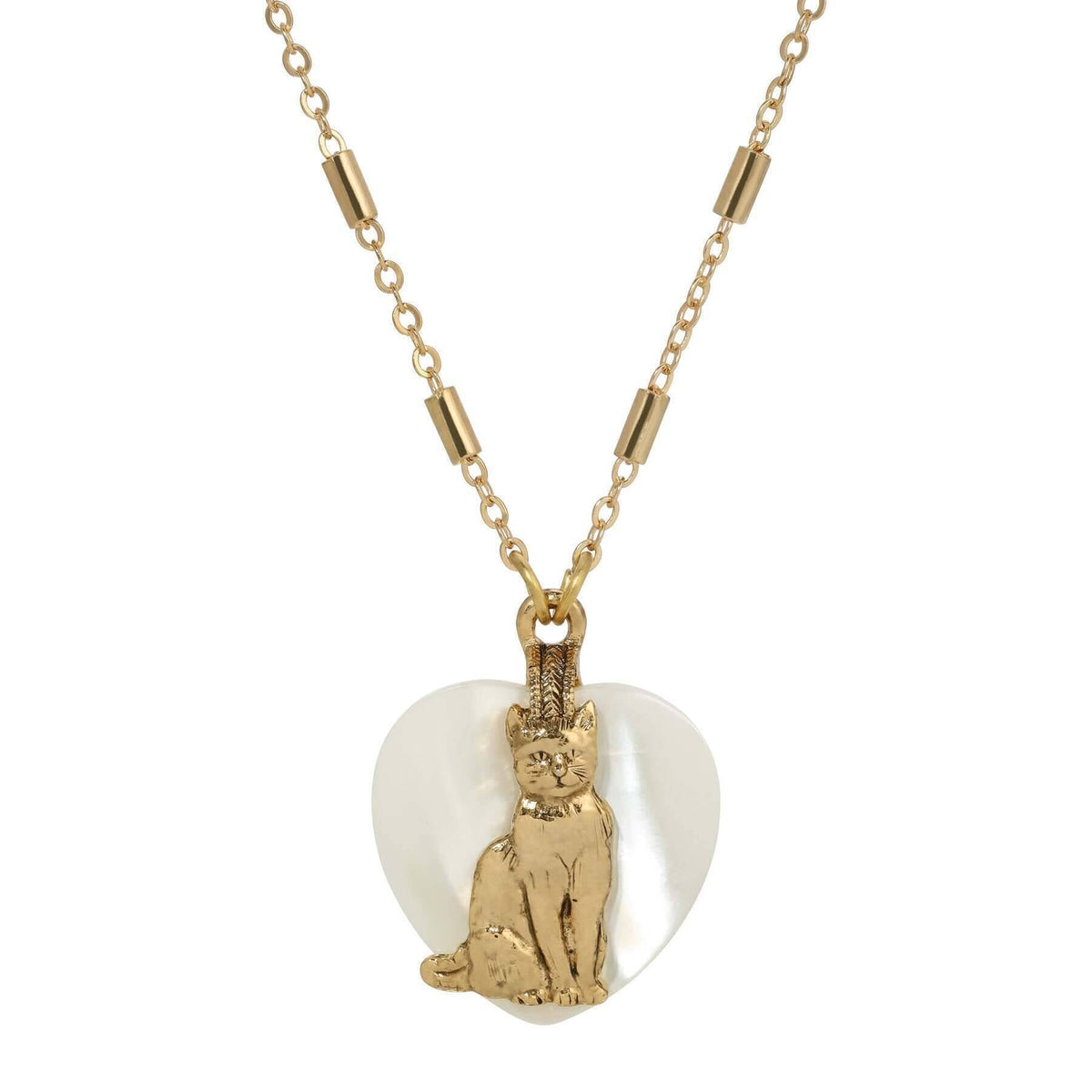 1928 Jewelry Whimsical Cat Mother Of Pearl Heart Pendant Necklace 18 Inch