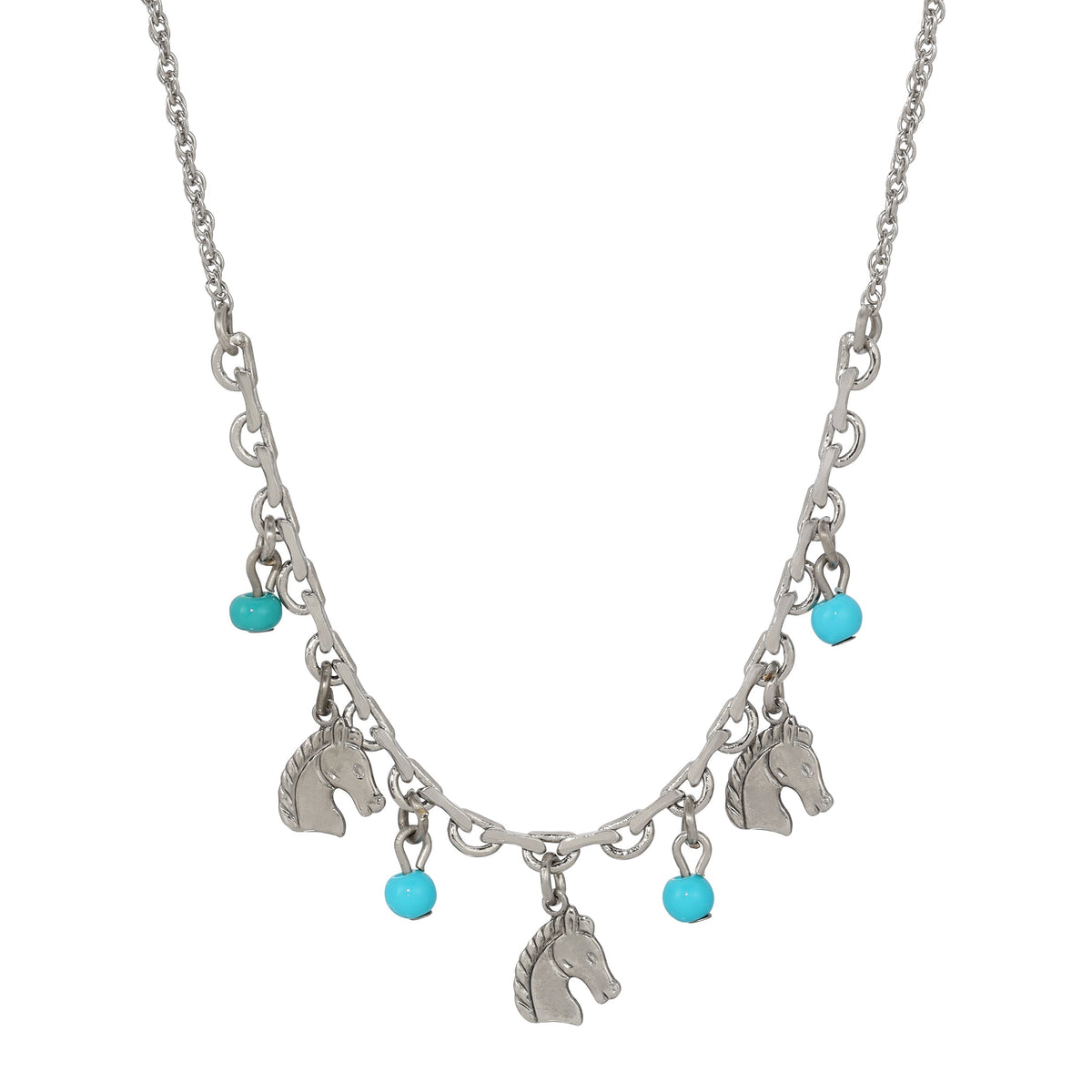 1928 Jewelry Equestrian Charms and Turquoise Beads Necklace 16 Inch with 3 Inch Extension
